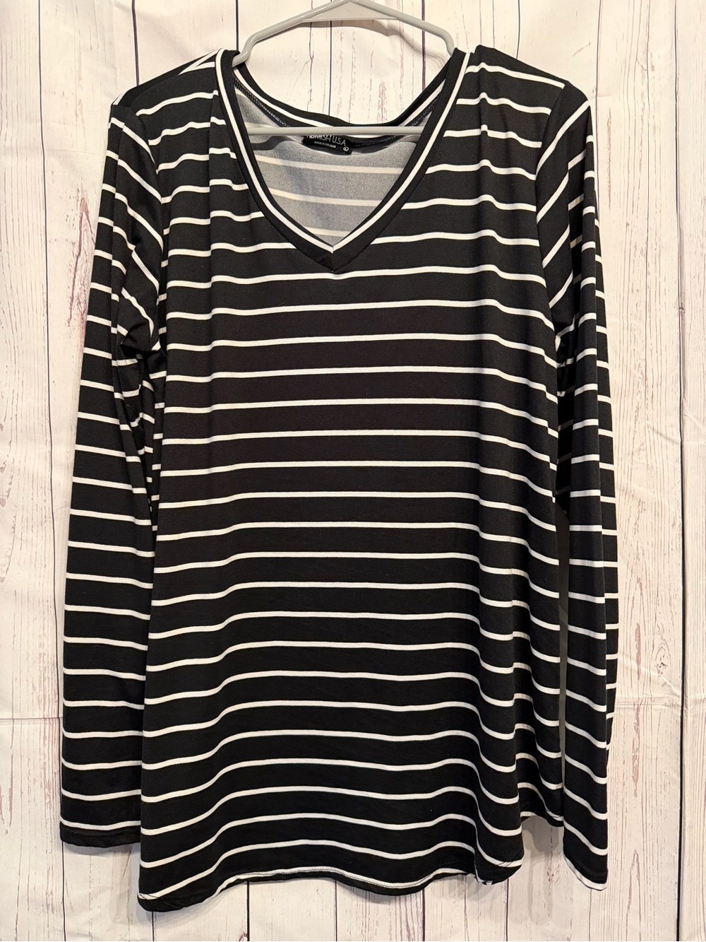 HEIMISH USA Black & White Striped V-Neck Long Sleeve Top